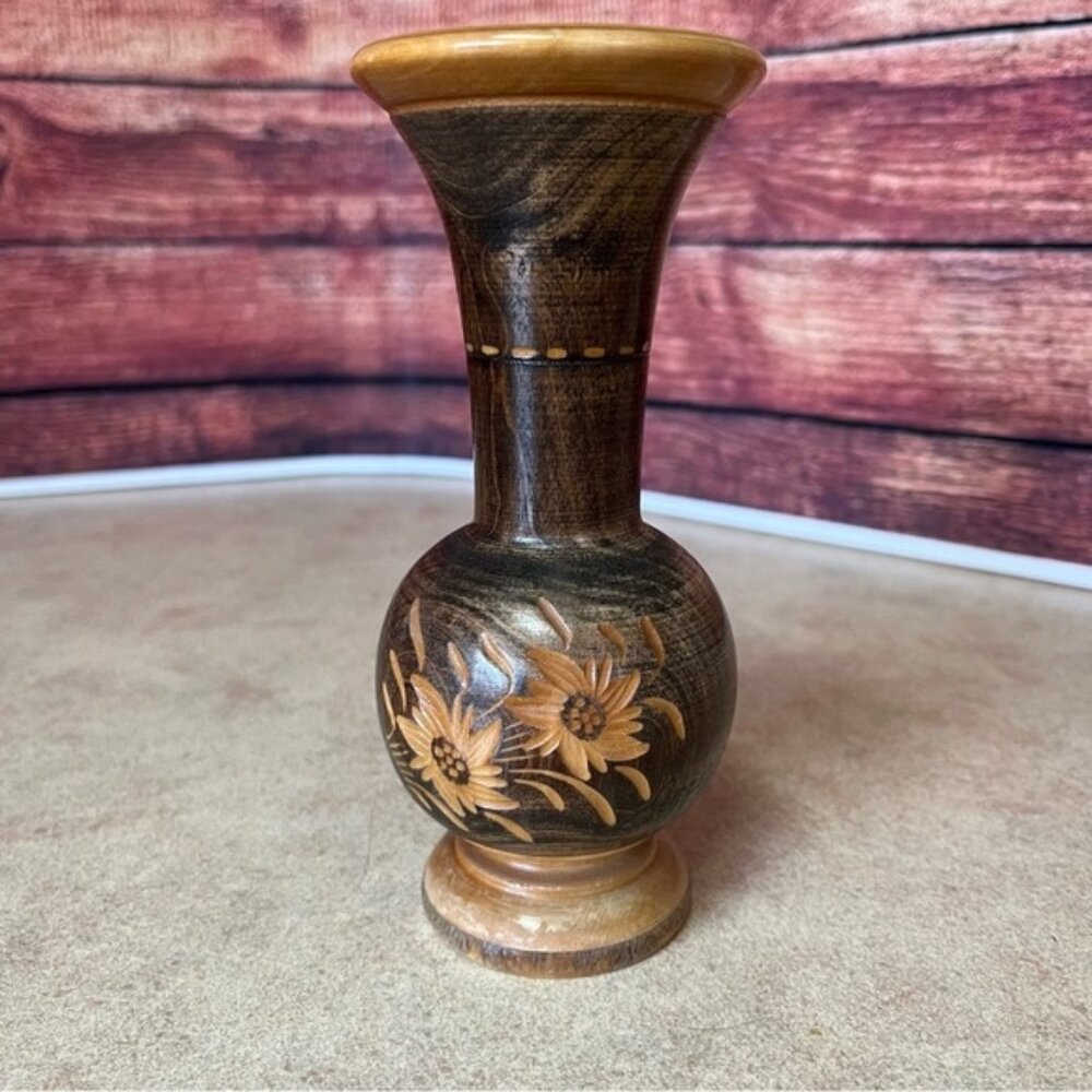Hand Turned and Carved Wooden Vase